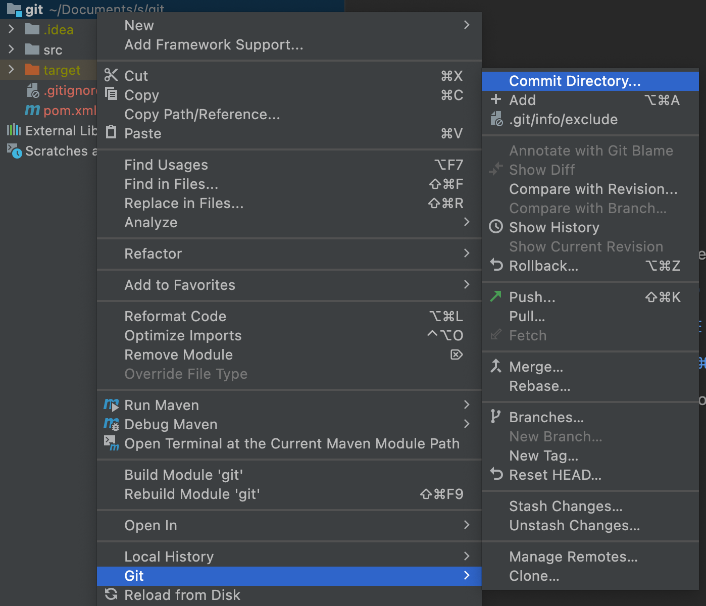 右键工程，"Git"、"Commit Directory"